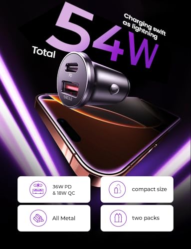 LISEN 54W USB C Car Charger - Cigarette Lighter Adapter for iPhone, Samsung, Google, and Android Devices