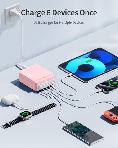 100W 6-Port USB C Charger Station - Fast Charging Hub for iPhone 16 Pro Max, iPad, Samsung - Pink