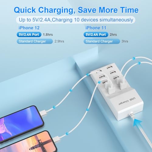 10-Port USB Charging Station for iPhone 15, iPod, Galaxy S, and More