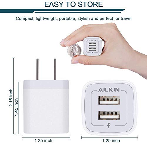 5-Pack AILKIN USB Wall Charger with Dual Port Quick Charge for iPhone, Samsung, Moto, Kindle Fire