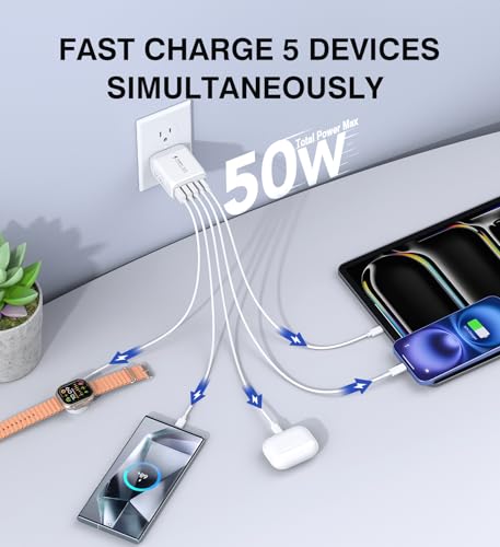 50W 5-Port USB C Wall Charger (2-Pack) - Fast Charging Adapter for iPhone 16/15/14 Pro Max, iPad, Samsung Galaxy