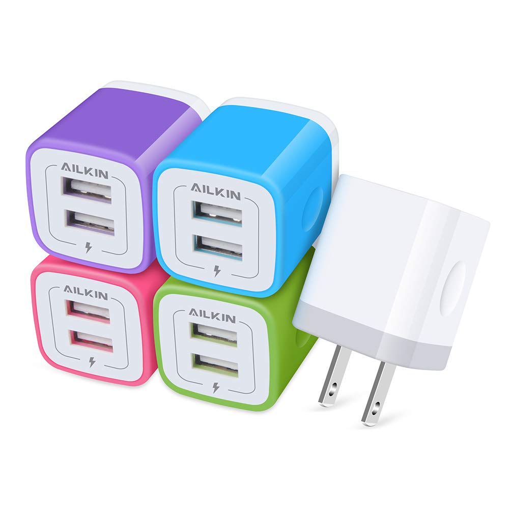 5-Pack AILKIN USB Wall Charger with Dual Port Quick Charge for iPhone, Samsung, Moto, Kindle Fire