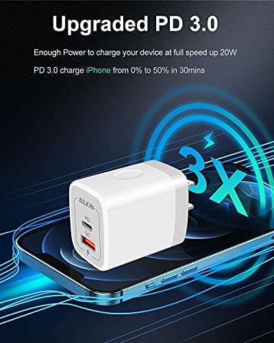 Dual Port USB-C Wall Charger for iPhone - AILKIN 20W Fast Charging Block
