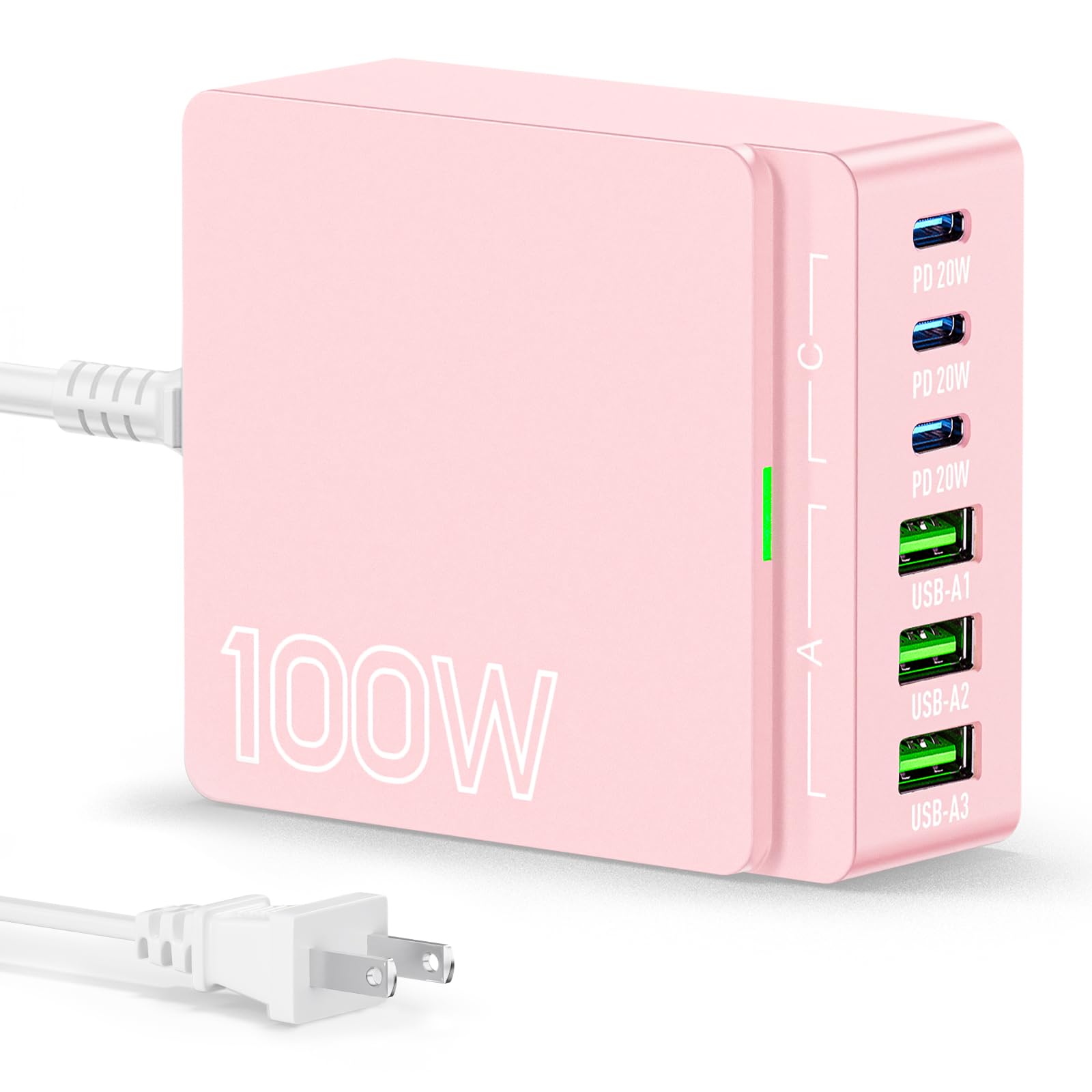 100W 6-Port USB C Charger Station - Fast Charging Hub for iPhone 16 Pro Max, iPad, Samsung - Pink