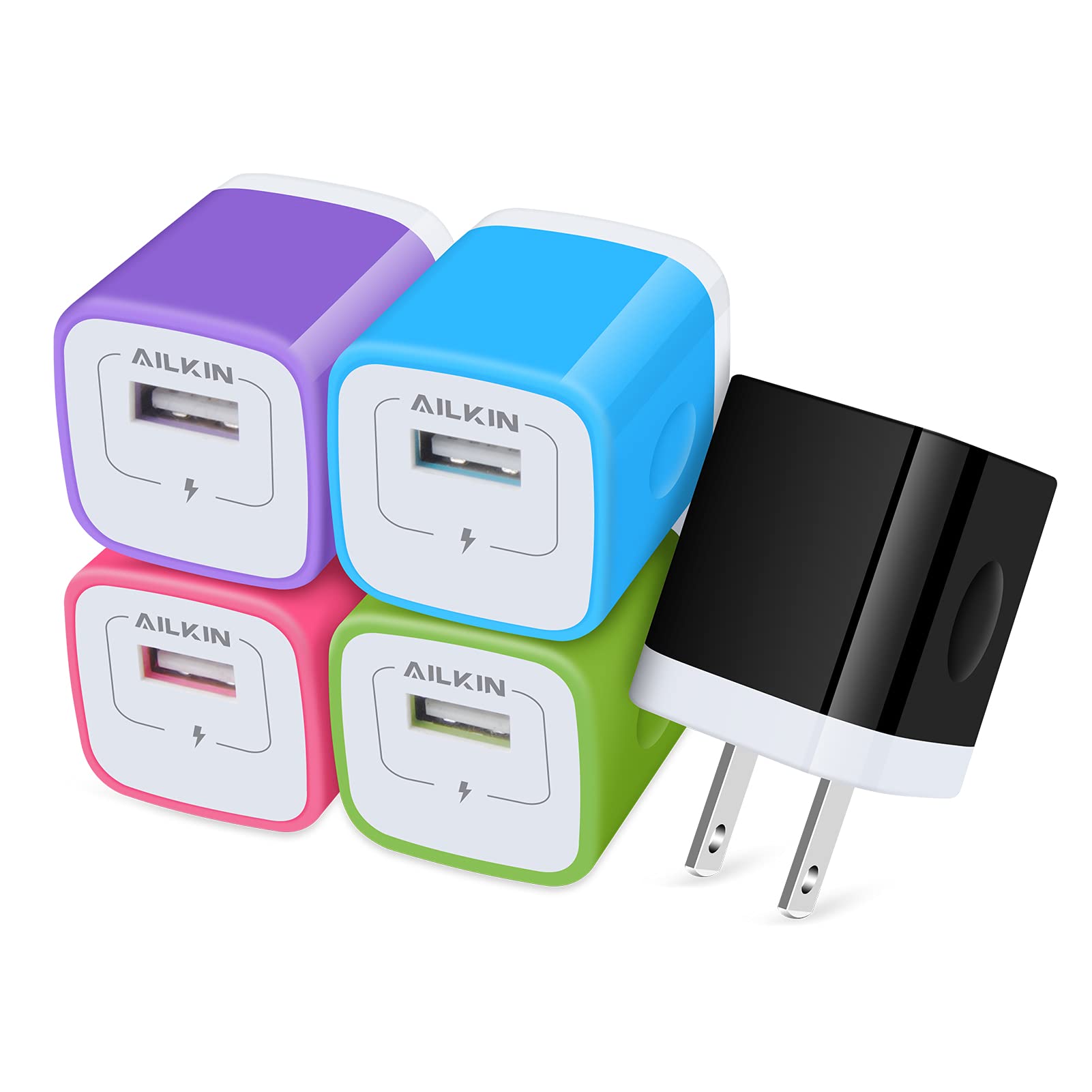 AILKIN 5-Pack USB Wall Charger - 1-Port Fast Charging Adapter for iPhone, Samsung, Android, and Type C Phones