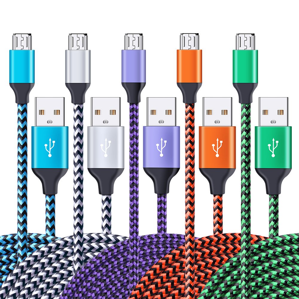 5-Pack 6ft High Speed Nylon Braided Micro USB Cables for Android Devices